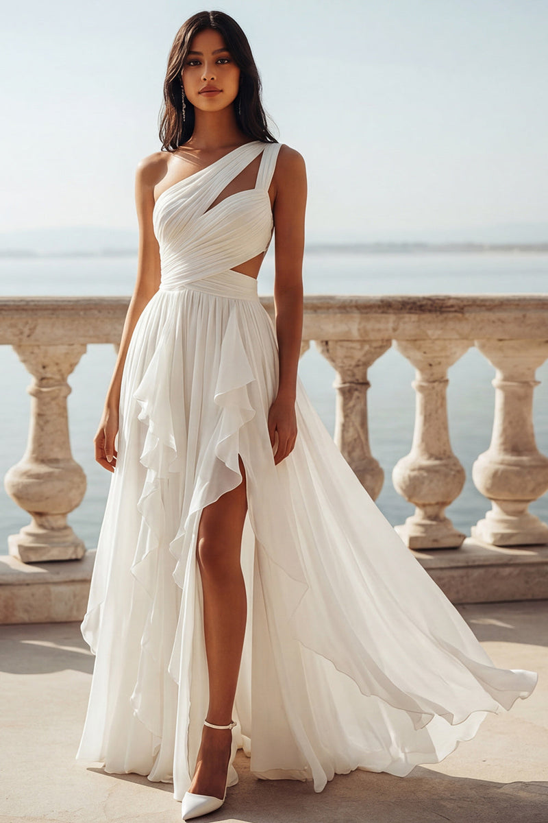 Load image into Gallery viewer, Ivory Keyhole Ruffled A Line Sweep Train Beach Wedding Dress with Slit