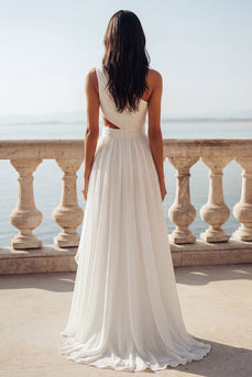 Ivory Keyhole Ruffled A Line Sweep Train Beach Wedding Dress with Slit