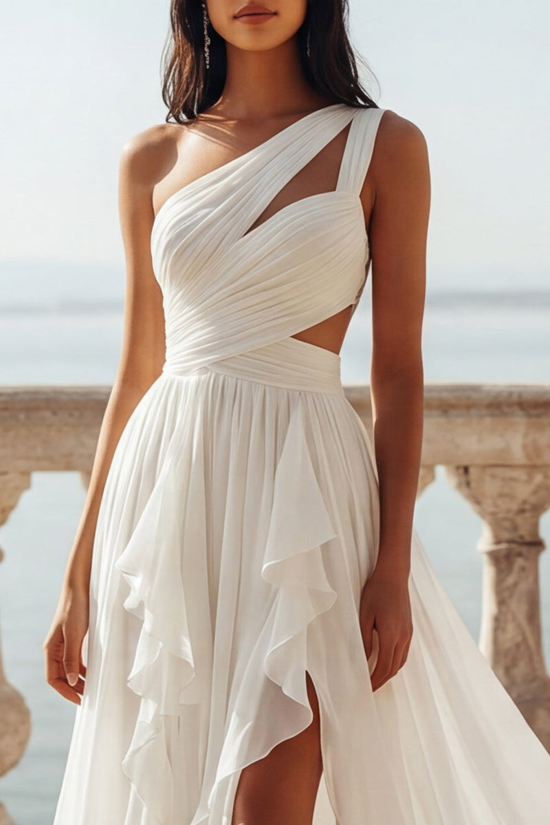 Load image into Gallery viewer, Ivory Keyhole Ruffled A Line Sweep Train Beach Wedding Dress with Slit