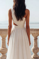 Load image into Gallery viewer, Ivory Keyhole Ruffled A Line Sweep Train Beach Wedding Dress with Slit
