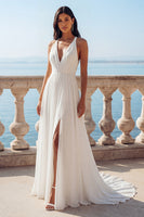 Load image into Gallery viewer, Ivory A Line Sweep Train V-Neck Ruched Beach Wedding Dress with Slit