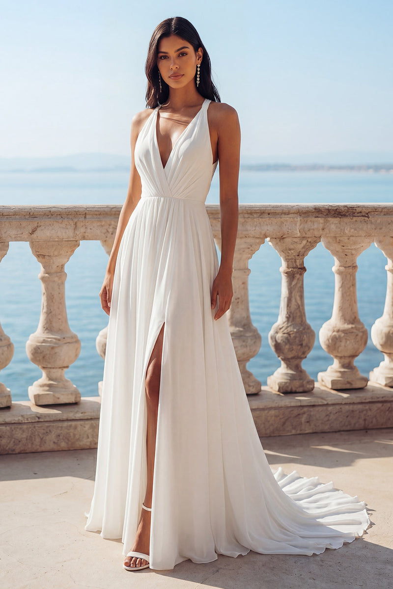 Load image into Gallery viewer, Ivory A Line Sweep Train V-Neck Ruched Beach Wedding Dress with Slit