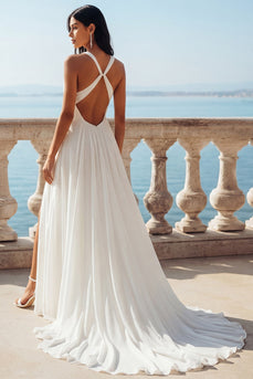 Ivory A Line Sweep Train V-Neck Ruched Beach Wedding Dress with Slit