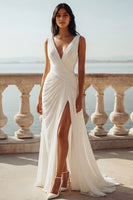 Load image into Gallery viewer, Ivory Ruched Sweep Train V-Neck Beach Wedding Dress with Slit