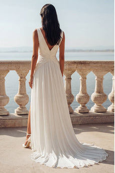 Ivory Ruched Sweep Train V-Neck Beach Wedding Dress with Slit
