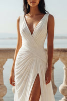 Load image into Gallery viewer, Ivory Ruched Sweep Train V-Neck Beach Wedding Dress with Slit