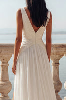 Load image into Gallery viewer, Ivory Ruched Sweep Train V-Neck Beach Wedding Dress with Slit