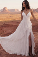 Load image into Gallery viewer, Ruffled Ivory A Line Sweep Train V-Neck Ruched Beach Wedding Dress with Slit
