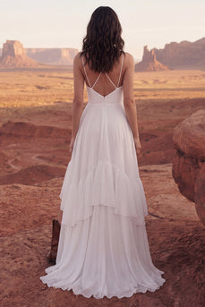 Ruffled Ivory A Line Sweep Train V-Neck Ruched Beach Wedding Dress with Slit