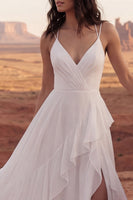 Load image into Gallery viewer, Ruffled Ivory A Line Sweep Train V-Neck Ruched Beach Wedding Dress with Slit