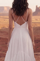 Load image into Gallery viewer, Ruffled Ivory A Line Sweep Train V-Neck Ruched Beach Wedding Dress with Slit