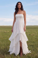 Load image into Gallery viewer, Ruffled Strapless Ivory A Line Sweep Train Beach Wedding Dress with Slit