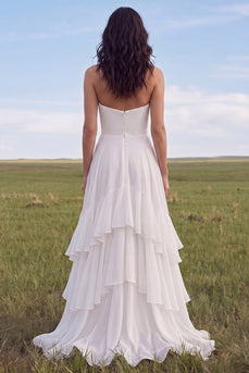 Ruffled Strapless Ivory A Line Sweep Train Beach Wedding Dress with Slit
