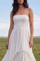 Load image into Gallery viewer, Ruffled Strapless Ivory A Line Sweep Train Beach Wedding Dress with Slit