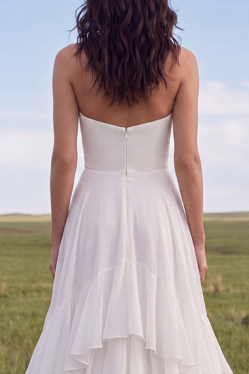 Load image into Gallery viewer, Ruffled Strapless Ivory A Line Sweep Train Beach Wedding Dress with Slit