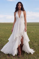 Load image into Gallery viewer, Ruffled Halter Ivory A Line Sweep Train Beach Wedding Dress with Slit