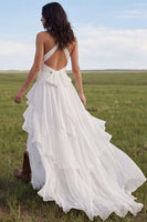 Load image into Gallery viewer, Ruffled Halter Ivory A Line Sweep Train Beach Wedding Dress with Slit