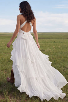 Ruffled Halter Ivory A Line Sweep Train Beach Wedding Dress with Slit