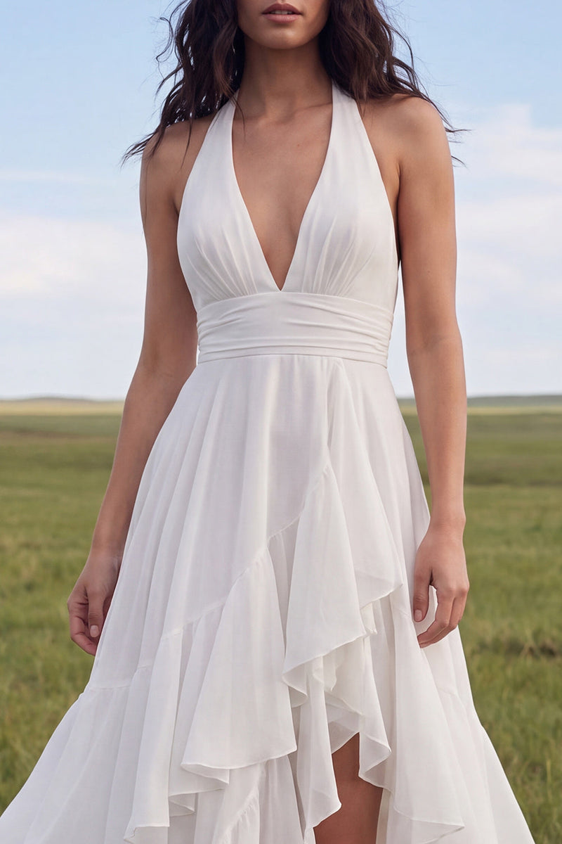 Load image into Gallery viewer, Ruffled Halter Ivory A Line Sweep Train Beach Wedding Dress with Slit