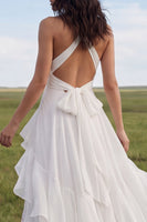 Load image into Gallery viewer, Ruffled Halter Ivory A Line Sweep Train Beach Wedding Dress with Slit