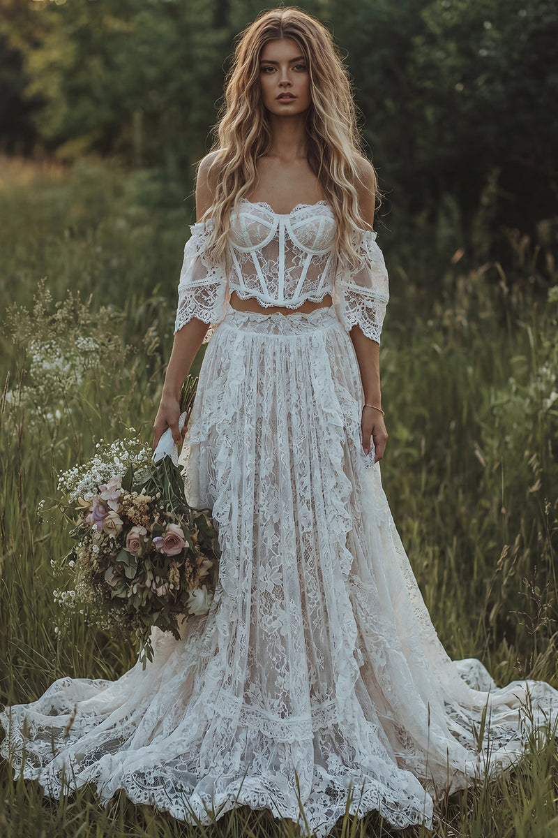 Load image into Gallery viewer, Floral Corset Ivory 2 Piece Lace A Line Sweep Train Boho Wedding Dress