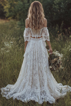 Floral Corset Ivory 2 Piece Lace A Line Sweep Train Boho Wedding Dress