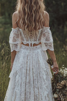 Load image into Gallery viewer, Floral Corset Ivory 2 Piece Lace A Line Sweep Train Boho Wedding Dress