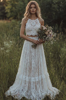Load image into Gallery viewer, Floral Round Neck Ivory 2 Piece Lace A Line Sweep Train Boho Wedding Dress