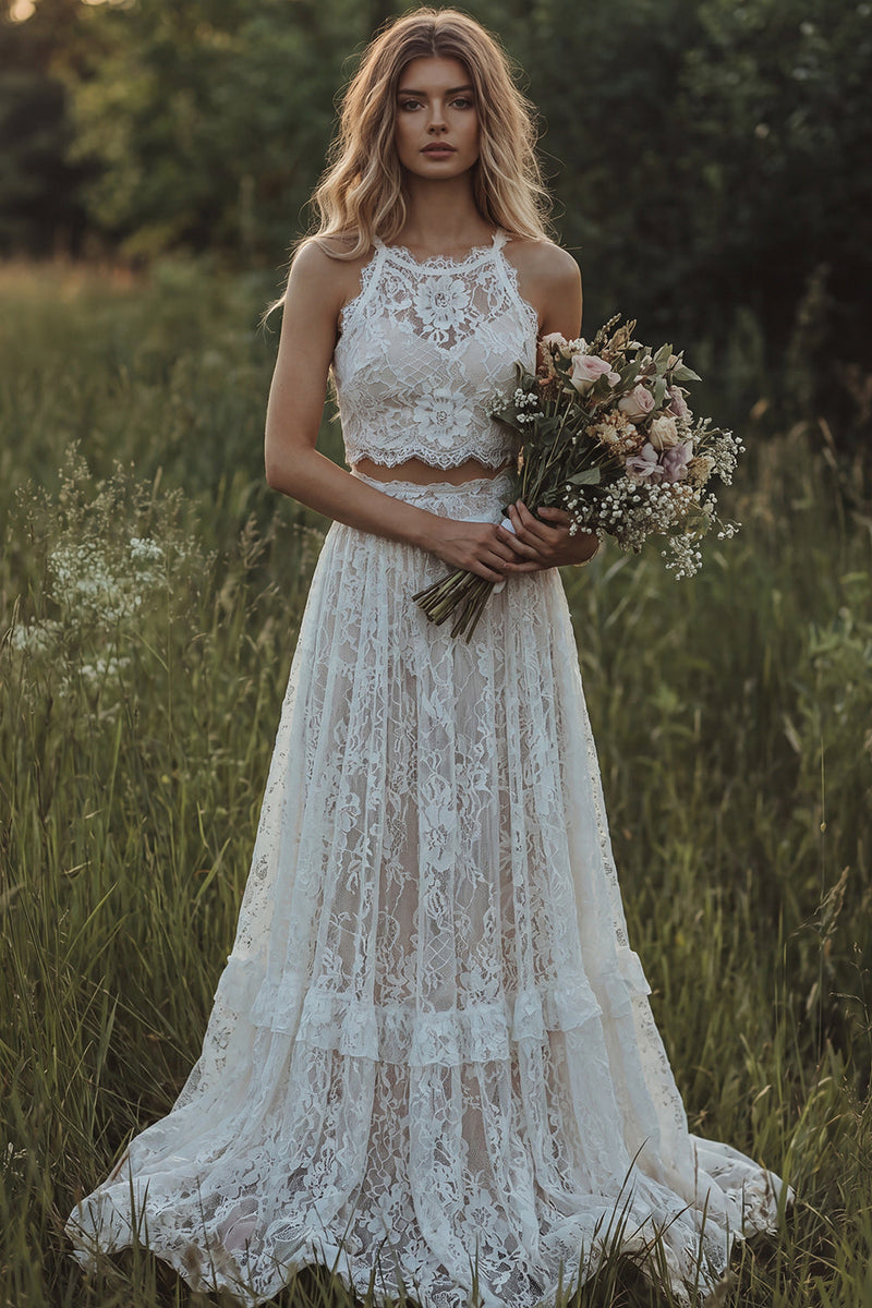 Load image into Gallery viewer, Floral Round Neck Ivory 2 Piece Lace A Line Sweep Train Boho Wedding Dress