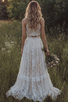 Floral Round Neck Ivory 2 Piece Lace A Line Sweep Train Boho Wedding Dress