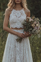 Load image into Gallery viewer, Floral Round Neck Ivory 2 Piece Lace A Line Sweep Train Boho Wedding Dress