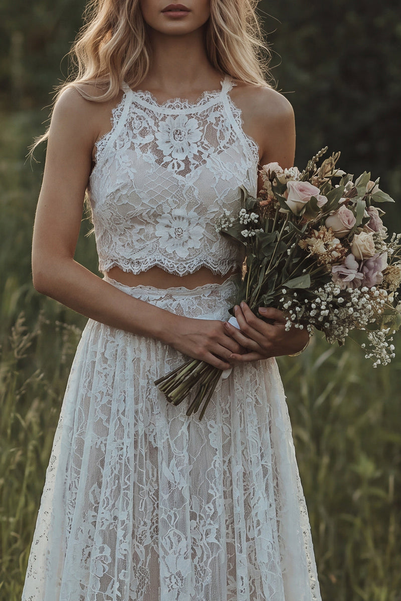Load image into Gallery viewer, Floral Round Neck Ivory 2 Piece Lace A Line Sweep Train Boho Wedding Dress