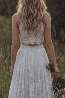 Load image into Gallery viewer, Floral Round Neck Ivory 2 Piece Lace A Line Sweep Train Boho Wedding Dress