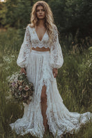 Load image into Gallery viewer, Floral Ruffled Ivory 2 Piece Lace A Line Sweep Train Boho Wedding Dress with Slit
