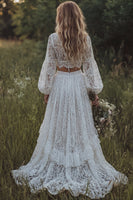 Load image into Gallery viewer, Floral Ruffled Ivory 2 Piece Lace A Line Sweep Train Boho Wedding Dress with Slit