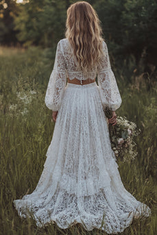 Floral Ruffled Ivory 2 Piece Lace A Line Sweep Train Boho Wedding Dress with Slit