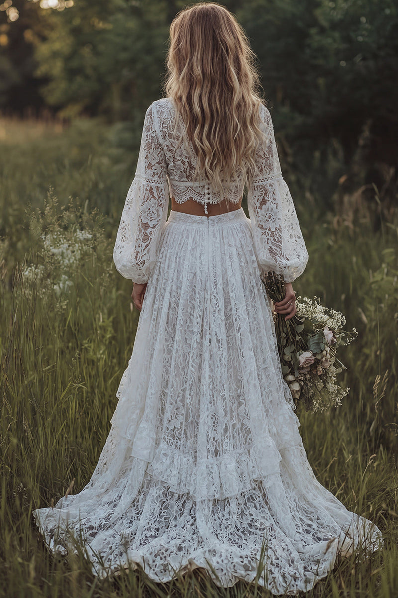 Load image into Gallery viewer, Floral Ruffled Ivory 2 Piece Lace A Line Sweep Train Boho Wedding Dress with Slit