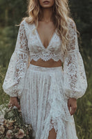 Load image into Gallery viewer, Floral Ruffled Ivory 2 Piece Lace A Line Sweep Train Boho Wedding Dress with Slit