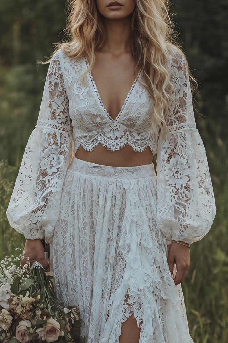 Load image into Gallery viewer, Floral Ruffled Ivory 2 Piece Lace A Line Sweep Train Boho Wedding Dress with Slit