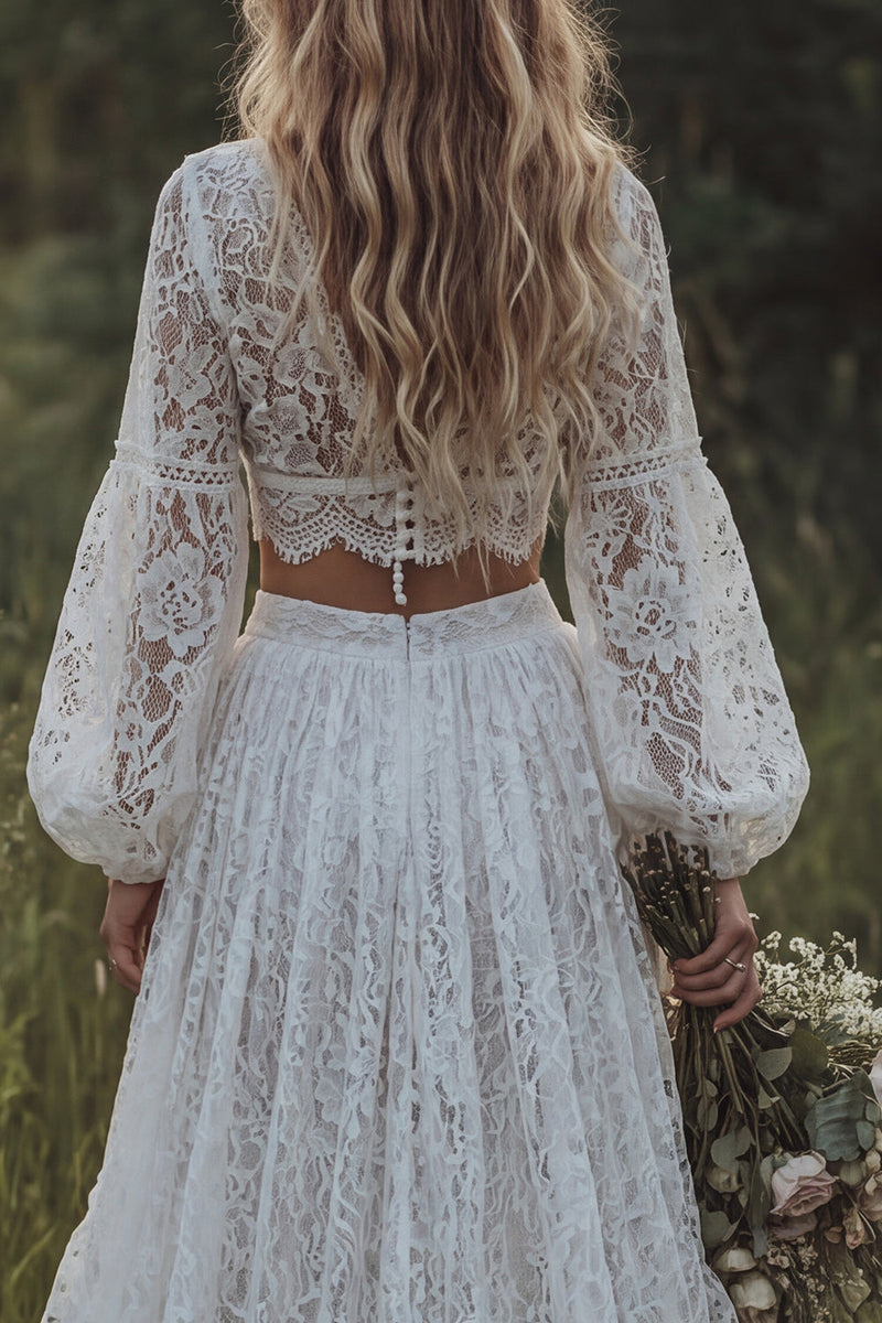 Load image into Gallery viewer, Floral Ruffled Ivory 2 Piece Lace A Line Sweep Train Boho Wedding Dress with Slit