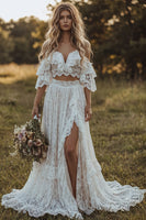 Load image into Gallery viewer, Ruffled 2 Piece Floral Lace Ivory A Line Sweep Train Boho Wedding Dress with Slit