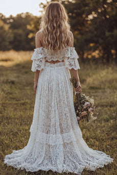 Ruffled 2 Piece Floral Lace Ivory A Line Sweep Train Boho Wedding Dress with Slit