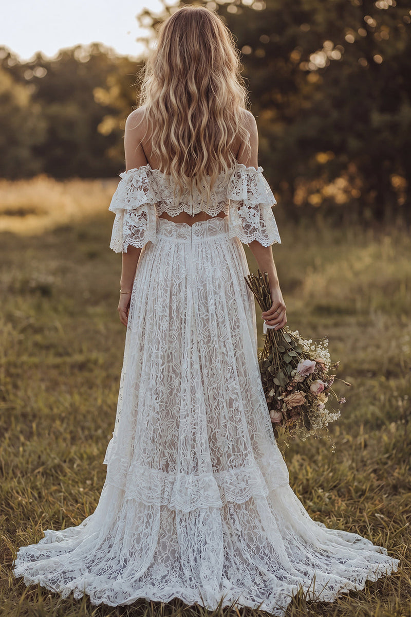 Load image into Gallery viewer, Ruffled 2 Piece Floral Lace Ivory A Line Sweep Train Boho Wedding Dress with Slit