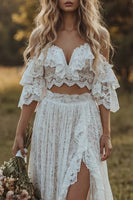 Load image into Gallery viewer, Ruffled 2 Piece Floral Lace Ivory A Line Sweep Train Boho Wedding Dress with Slit