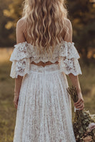 Load image into Gallery viewer, Ruffled 2 Piece Floral Lace Ivory A Line Sweep Train Boho Wedding Dress with Slit