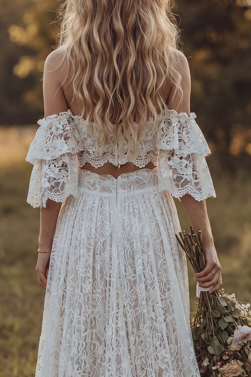 Load image into Gallery viewer, Ruffled 2 Piece Floral Lace Ivory A Line Sweep Train Boho Wedding Dress with Slit