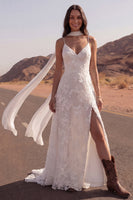 Load image into Gallery viewer, Ivory Spaghetti Straps Floral A Line Sweep Train Boho Wedding Dress with Slit
