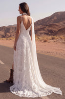 Load image into Gallery viewer, Ivory Spaghetti Straps Floral A Line Sweep Train Boho Wedding Dress with Slit