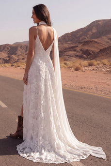 Ivory Spaghetti Straps Floral A Line Sweep Train Boho Wedding Dress with Slit