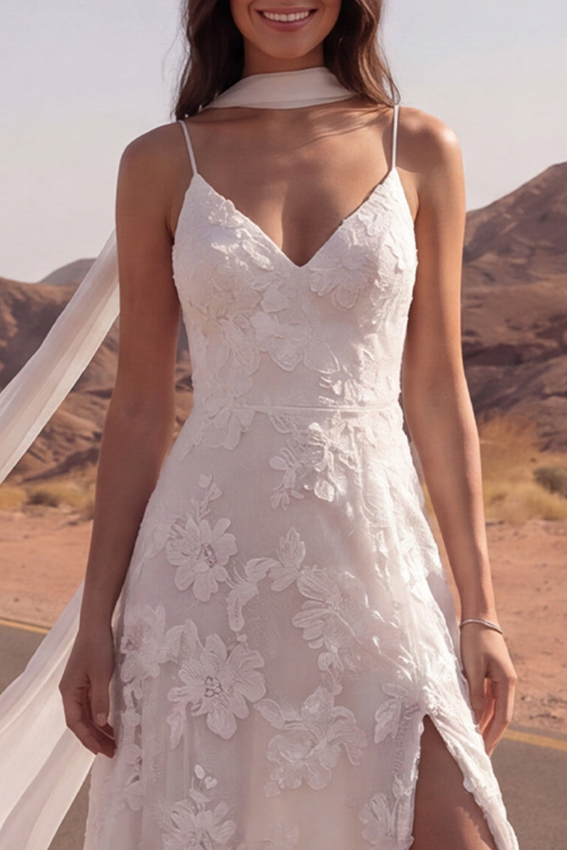 Load image into Gallery viewer, Ivory Spaghetti Straps Floral A Line Sweep Train Boho Wedding Dress with Slit